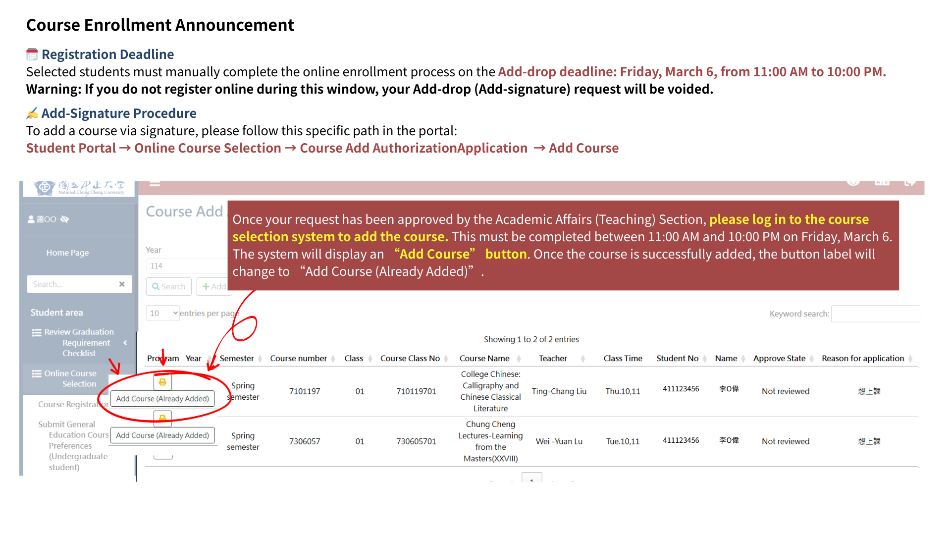 add course instruction